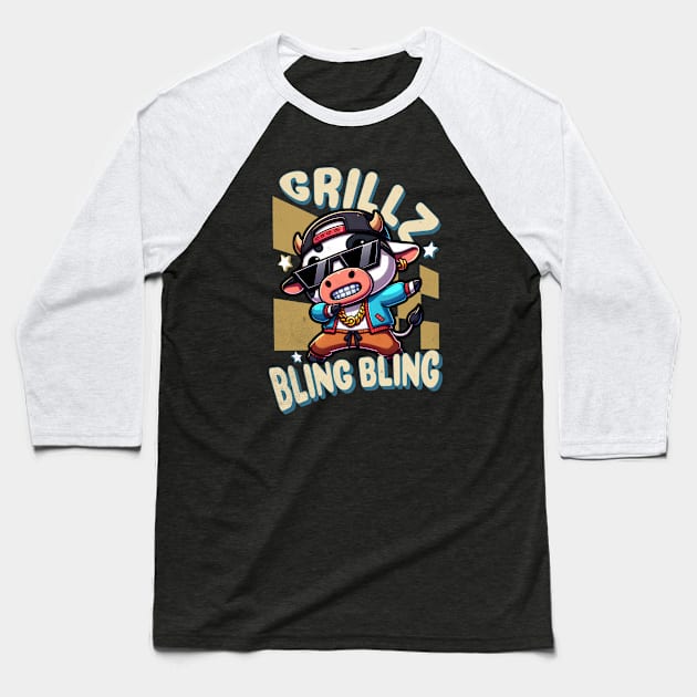 Grillz a Cow Dabbing Funny Bling Bling Baseball T-Shirt by alcoshirts